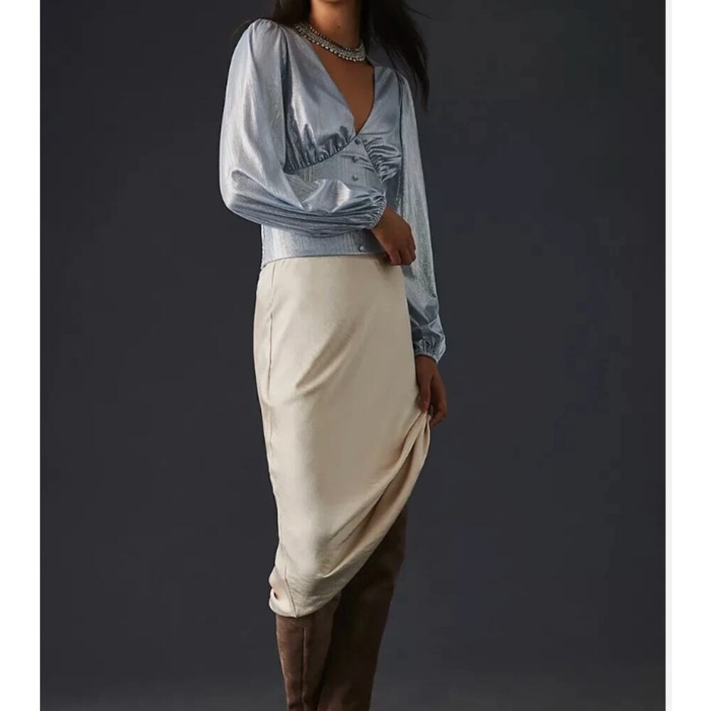 Anthropologie Flat White Shine Blouse Silver Metallic Crop V-Neck Balloon Sleeve